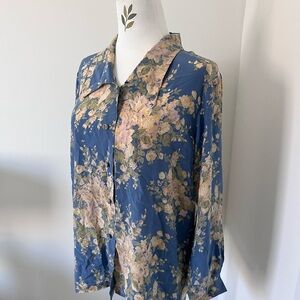 Vintage Blue Floral Silk Blouse Romantic Button Front Long Sleeve Shirt M